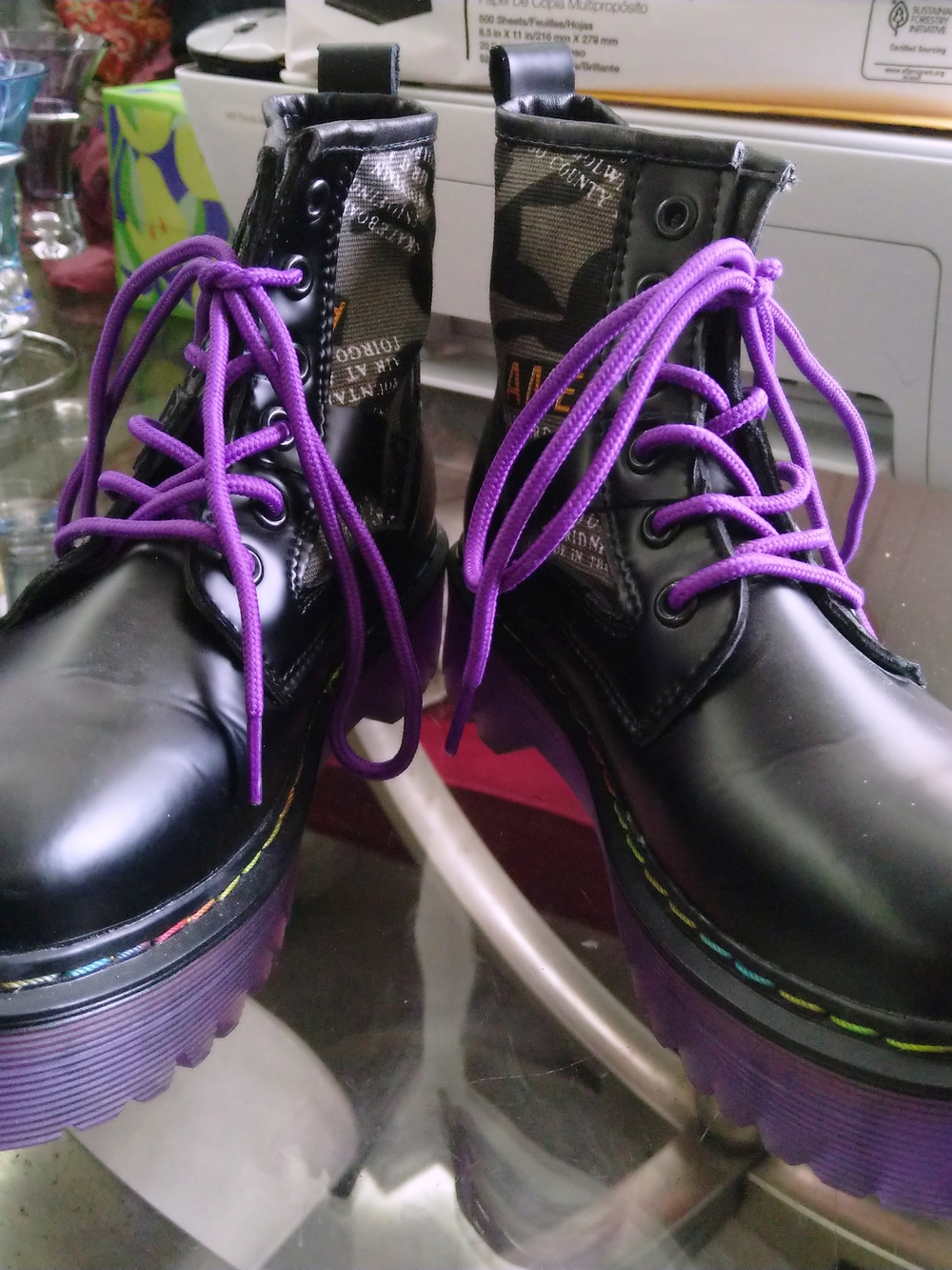 Black Lace-Up Platform Boots with Purple Laces